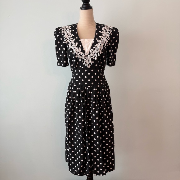 ⚫⚪ Vintage Miss Dorby Black White Polka Dot Lace Midi Dress 80s ⚫⚪